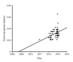 Thumbnail of Most recent common ancestor analysis of the 65 respiratory syncytial virus genotype ON1 viruses in GenBank and the sequences for ON1 viruses detected in Kilifi, Kenya, during 2012. The analysis was done by root-to-tip regression of the genetic distances from the maximum-likelihood tree.