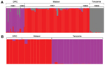 Thumbnail of Predicted population structure of Plasmodium falciparum parasites from eastern Africa among those with A) double-mutant (SGEA) or triple-mutant (SGEG) dihydropteroate synthase (dhps) haplotypes and B) those with only the triple-mutant SGEG dhps haplotype. Estimations of number of populations and assignments of individual parasites to clusters were computed with STRUCTURE (29,30) by using a burn-in period of 10,000 and 10,000 iterations and models that assume no admixture and which u