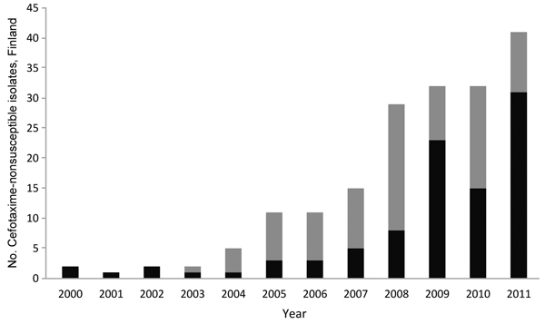 The number of cefotaxime-nonsusceptible S. enterica isolates carrying extended-spectrum β-lactamase (black bars) and AmpC genes (gray bars) in Finland during 1993–2011.