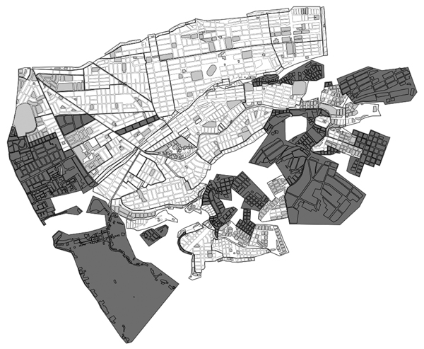 Areas targeted for Chagas disease vector control in the Paucarpata District, Arequipa, Peru. Small units are city blocks and large units are localities. Dark gray indicates localities not infested; light gray indicates areas targeted; and medium gray indicates nontargeted city blocks within infested localities.