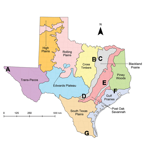 Locations of canine shelters within Texas, United States, 2013. Shelters (A–G) are distributed across 7 of the 10 Gould Ecoregions of Texas (9), Map obtained from Texas parks and Wildlife Department (http://www.tpwd.texas.gov/publications/pwdpubs/media/pwd_mp_e0100_1070ad_08.pdf).