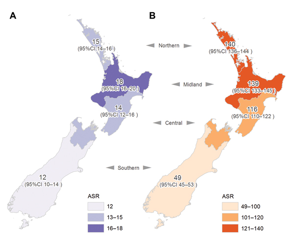 Average annual ASR (no. cases/100,000 population) of staphylococcal sepsis (A) and staphylococcal skin and soft tissue infections (B), New Zealand, 2000–2011. ASR, age-standardized rate.