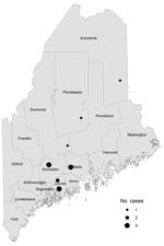 Thumbnail of Locations of human ascariasis cases in Maine, USA, 2010–2013.