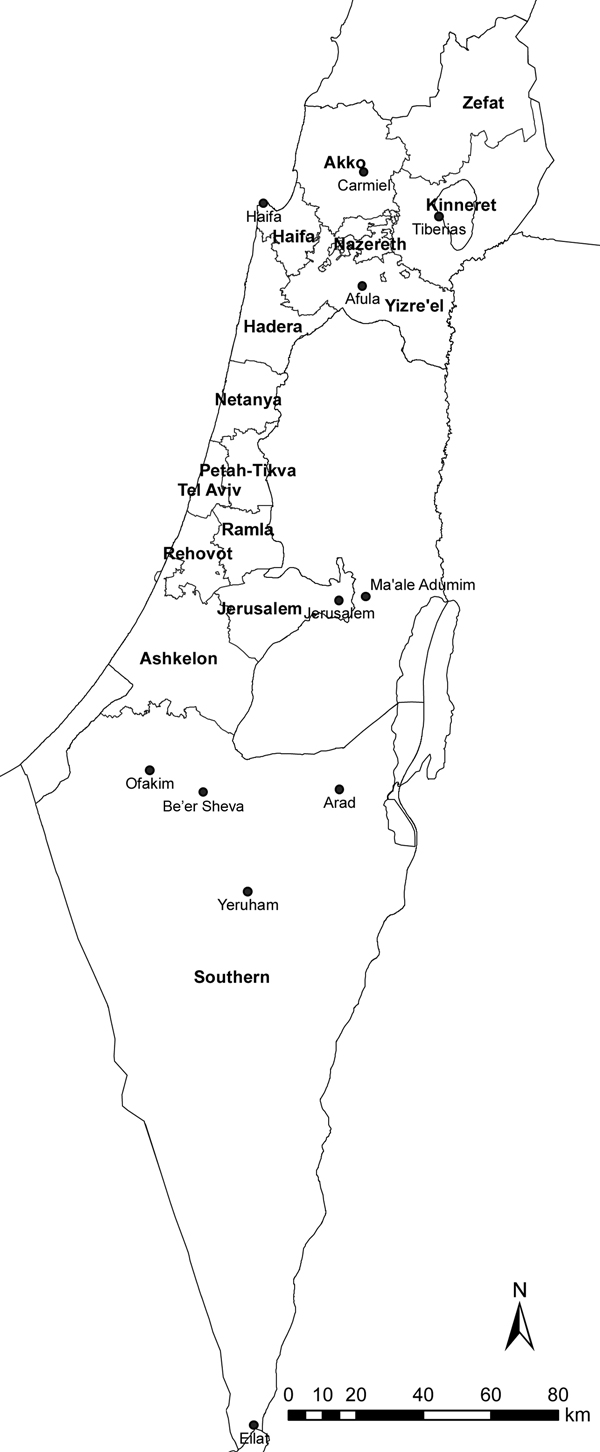 Selected localities (black dots) where cases of cutaneous leishmaniasis were reported in Israel during 2001–2012. Health districts are labeled in boldface.