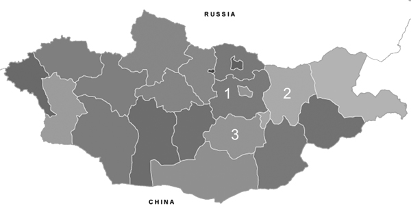 The 3 aimags from which nasal swab specimens were collected from healthy Bactrian camels, for influenza A virus testing, Mongolia, 2012. 1, Töv;, 2, Khentii; 3, Dundgovi.