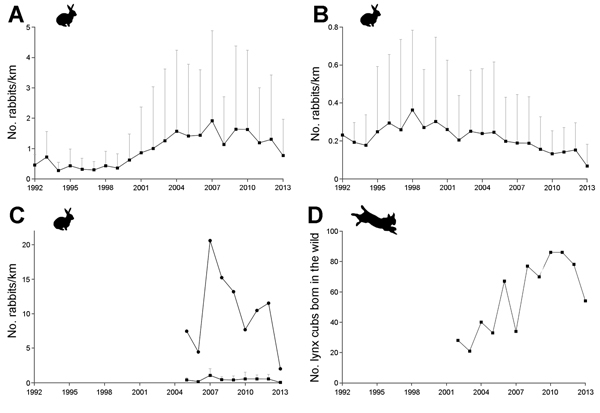 Trends in rabbit abundance (number of rabbits/km) in Aragón and Doñana National Park, northern and southern Spain, respectively, and in the number of Iberian lynx cubs born in the wild in Spain. A) average rabbit abundance (+SD) of populations showing long-term increasing trend over the whole sampling period (n = 18) in Aragón (8); B) average rabbit abundance (+SD) of populations showing long-term decreasing trend over the whole sampling period (n = 25) in Aragón (8); C) rabbit abundance over th