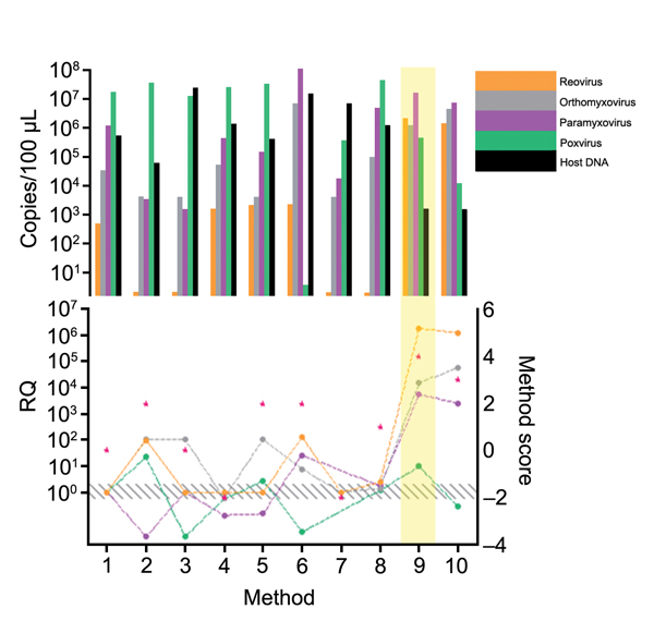 Comparison of extraction methods used for development of tissue-based universal virus detection for viral metagenomics protocol. Copy numbers were measured by quantitative PCR in duplicate. RQ, relative quantification: RQ (2 – ΔΔCt); (ΔΔCt = Δ purified – Δ unprocessed). Lower panel left y-axis indicates signal-to-noise ratio (RQ) for all viruses tested. The method with the highest score was used to establish the protocol and is shaded in yellow. Red stars indicate highest scores. Diagonally stri