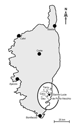 Thumbnail of Corsica, France, showing malacologic survey sampling sites (oval) in 3 rivers (Tarcu, Cavu, and Osu). Bulinus truncatus snails were found at sites 1, 2, 3, 5, and 6. 