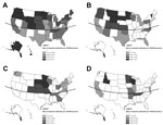 Thumbnail of Single-state Escherichia coli O157 outbreaks (n = 346) by state and transmission mode, United States, 2003–2012. A) Foodborne transmission (n = 211); B) animal contact transmission (n = 39); C) person-to-person transmission (n = 39); D) waterborne transmission (n = 15). Curved line denotes 37°N latitude.