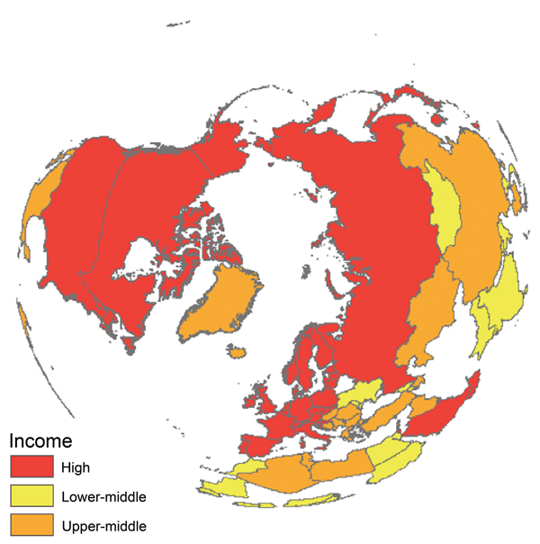 Feasibility of coordinating and improving avian influenza surveillance in wild birds where viral diversity is highest. Countries in red, orange, and yellow currently self-report some type of avian influenza surveillance in wild birds (For a country list, see online Technical Appendix, http://wwwnc.cdc.gov/EID/article/21/4/14-1415-Techapp1.pdf). Country income levels, based on gross domestic product, further suggest financial capacity to contribute to a coordinated surveillance system. The polar 