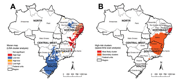 Spatial and spatiotemporal cluster analysis of rates of schistosomiasis-related deaths, by municipality of residence, Brazil, 2000–2011. A) LISA cluster analysis (Moran Map), based on Local Moran’s I index. B) Scan space-time clusters analysis, calculated by using Kulldorff’s scan statistics with SaTScan software version 9.1.1 (Harvard Medical School, Boston, MA, USA; Information Management Service, Silver Spring, MD, USA). Mapping and calculation of autocorrelation spatial analysis were conduct