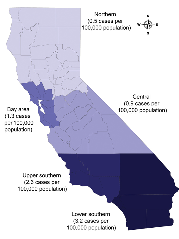 Cumulative incidence of human Mycobacterium bovis disease, by region, California, USA, 2003–2011.
