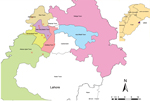 Thumbnail of Location of live poultry retail shops (X) in 5 towns in Lahore, Pakistan, where avian influenza A(H9N2) virus isolates were identified in chickens, 2009–2010. Inset shows location of Lahore in Punjab Province.