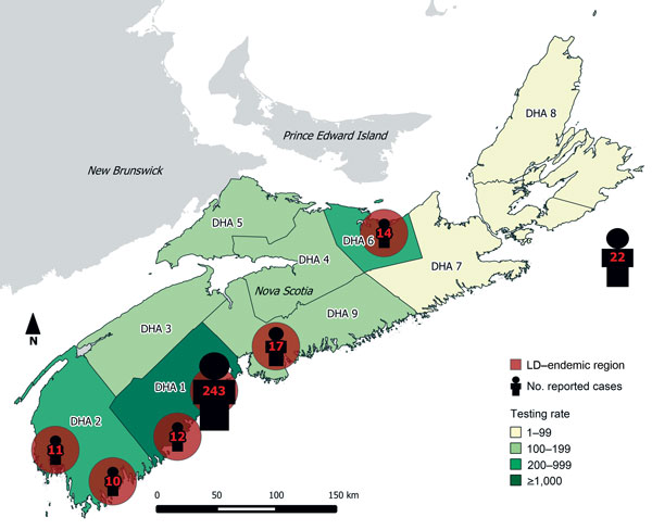 Reported cases of Lyme disease (LD) for 2002–2013, by endemic region of exposure and LD testing rates by District Health Authority for 2013, Nova Scotia, Canada. Of the 22 cases without a known link to an LD-endemic area in Nova Scotia, 17 persons were infected outside the province (Europe and the United States); for 5 persons, location of exposure was either unknown or outside of known LD-endemic regions. Testing rate is per 100,000 population.