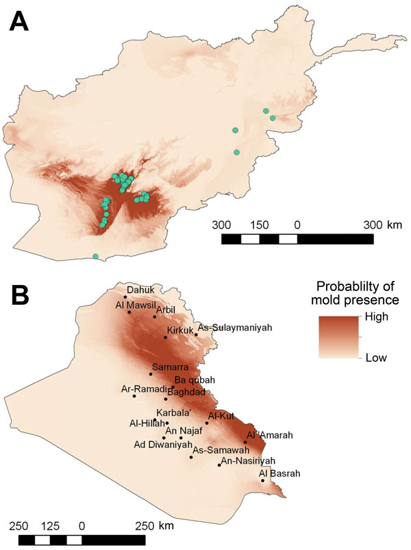 Results of ecologic niche modeling in Afghanistan, 2009–2011 (A), and projection of findings onto Iraq (B). Darker red indicates areas estimated to have higher probability of mold presence based on the environmental conditions of mold contamination locations in Afghanistan (green circles).