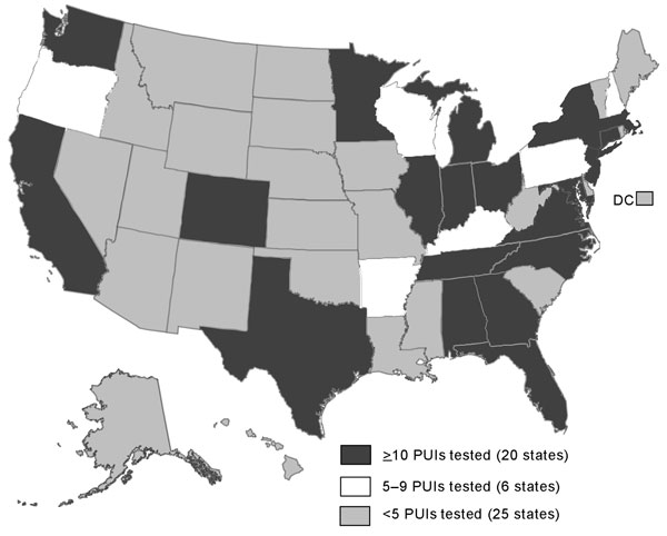 Number of PUIs tested for MERS-CoV (N = 490), by state, United States, January 1, 2013–October 31, 2014. DC, District of Columbia; PUIs, patients under investigation.