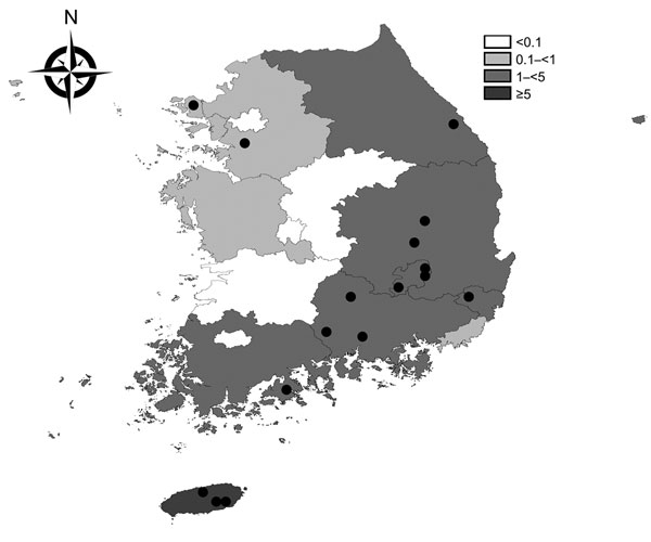 Geographic distribution of severe fever with thrombocytopenia syndrome cases, South Korea, 2013. Shading indicates incidence of cases per 1 million residents. Black circles indicate the approximate residential regions of the 16 case-patients who died.