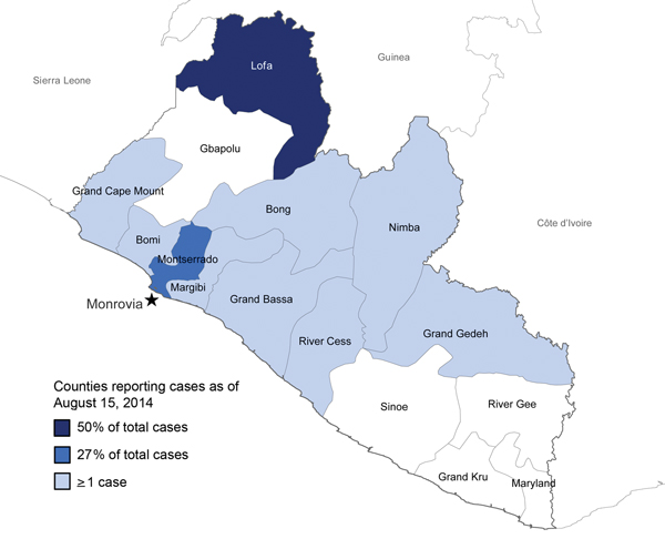 Counties in Liberia reporting Ebola virus disease cases as of August 15, 2014. Star indicates the capital city, Monrovia.