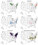 Thumbnail of Geographic distribution of leading tickborne diseases among humans, United States, 2013. Each dot represents 1 case, based on patient residence; exposure location may be different.