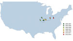 Thumbnail of Weighted mean geographic center for proportions of methicillin-resistant Staphylococcus aureus (MRSA) USA300 strain type, United States, 2000–2013. This map shows the likely trend in the spread of USA300 as a proportion of all MRSA isolates that underwent genotyping, but the trajectory could be biased by large studies or lack of studies in certain states in specific years. The final mean center for 2012–2013 is represented differently to indicate that it is based on a small number o