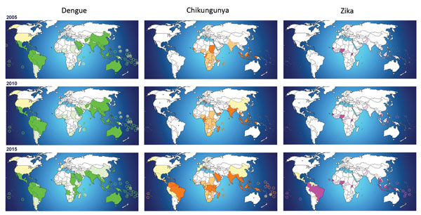 Areas affected by dengue, chikungunya, and Zika viruses, worldwide, 2005, 2010, and 2015, illustrating the evolution of the geographic distribution of these viruses over the past decade (1–5,7). Light shading/circles indicate countries with endemic transmission; dark shading/circles indicate countries with outbreaks recorded during the previous 5 years; dots indicate imported cases in countries without autochthonous transmission; stars indicate countries with reported autochthonous transmission.