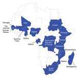 Thumbnail of Countries from which bacteremia data were presented at the Invasive Salmonella in Africa Consensus Meeting 2014 in Blantyre, Malawi (blue shading). 