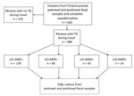 Thumbnail of Study protocol for investigating risk for contracting ESBL-producing Enterobacteriaceae among travelers from Finland with TD. LO–AMD–, not treated with medication; LO+AMD–, treated with LO alone; LO–AMD+, treated with AMDs alone; LO+AMD+, treated with a combination of both drugs. AMD, antimicrobial drugs; ESBL, extended-spectrum β-lactamase; LO, loperamide; TD, travelers’ diarrhea.