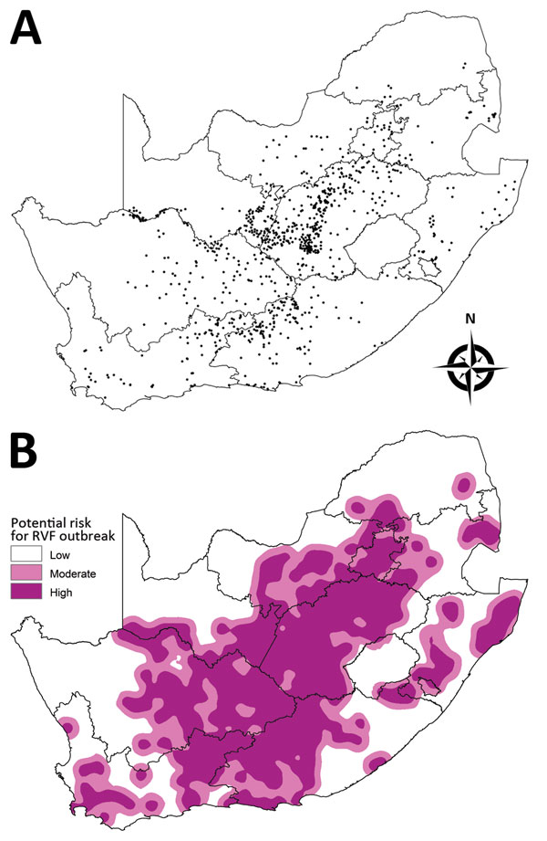 Historic sites of Rift Valley fever (RVF) outbreaks in South Africa from 1950 through 2011 (A) and a base map indicating areas at low, moderate, and high risk for an outbreak (B). Each dot in panel A represents a RVF outbreak. The base map in panel B was created by an interpolation method based on the distance from historic sites: high risk (&lt;20 km), moderate risk (&gt;20 km to &lt;40 km), and low risk (&gt;40 km).