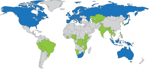 Global progress on programmatic use of bedaquiline (BDQ) to treat multidrug-resistant tuberculosis. Blue indicates countries using BDQ under program conditions. Green indicates countries awaiting arrival of BDQ to use it under program conditions. Gray indicates countries that have not reported using BDQ under program conditions.