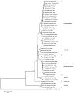 Thumbnail of Phylogenetic analysis of complete envelope gene sequences (1,485 nt, position 937–2421 of strain KP012546) of 48 dengue virus serotype 2 (DENV2) strains representing 6 genotypes, Dar es Salaam, Tanzania, 2014. Bootstrap values (&gt;90%) are shown at key nodes. DENV1 West Pacific was used as an outgroup. Solid circle indicates strain isolated in this study. Scale bar indicates nucleotide substitutions per site.