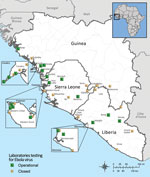 Thumbnail of Geographic distribution of diagnostic laboratories currently or previously operational in West Africa during the 2014–2015 Ebola virus response, as of December 9, 2015. Data are from World Health Organization Ebola virus disease situation reports.
