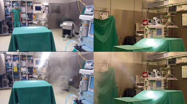 Video image captures showing effect of heater–cooler unit orientation on smoke dispersal in a cardiac surgery room and transmission of Mycobacterium chimaera during cardiac surgery despite an ultraclean air ventilation system (Video, http://wwwnc.cdc.gov/EID/article/22/6/16-0045-V1.htm). The device was switched on and began to ventilate 10 s after the start of the video. Frames on the left show an overview including unit placement. Frames on the right provide a lateral view of the operating fiel