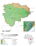 Thumbnail of Location of spatial clusters of bubonic and pneumonic plague, Orientale Province, Democratic Republic of the Congo, 2004–2014. Yellow circles indicate clusters of health zones determined by Spatial scan analysis. p values were &lt;0.001, except for Wamba (p = 0.053). First inset shows the Ituri cluster constrained by frontiers; Oliveira F was 1 for Linga, Logo, Rethy, and Rimba and 0.69 for Fataki. Second inset shows location of DRC in Africa. The 4 ecosystems follow those described