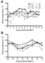 Thumbnail of Body temperatures of 6 alpacas (A1–A6) experimentally infected with Middle East respiratory syndrome coronavirus after A) initial challenge and B) after rechallenge on day 70 postinfection.