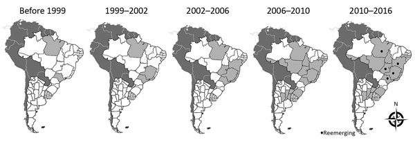 Chronologic representation of vaccinia virus (VACV) emergence and reemergence in South America. Dark gray indicates countries in which VACV outbreaks have not been officially described; light gray indicates states in Brazil, Argentina, and Uruguay where VACV outbreaks were detected by serologic or molecular testing; white indicates states in Brazil and Argentina where VACV has not been detected; black dots indicate areas where VACV is reemerging.