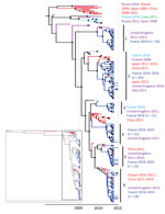 Thumbnail of Phylogenetic tree based on partial viral protein (VP1) coding sequences of coxsackievirus (CV) A6, France, April 2014–March 2015. The maximum credibility tree is inferred with the partial VP1 sequence (369 nt, position 2,441–2,808 relative to the Gdula CV-A6 prototype strain). The phylogenetic relationships were inferred with a Bayesian method by using a relaxed molecular clock model. The tree was reconstructed using Figtree version 1.4.2 (http://tree.bio.ed.ac.uk/software/figtree).