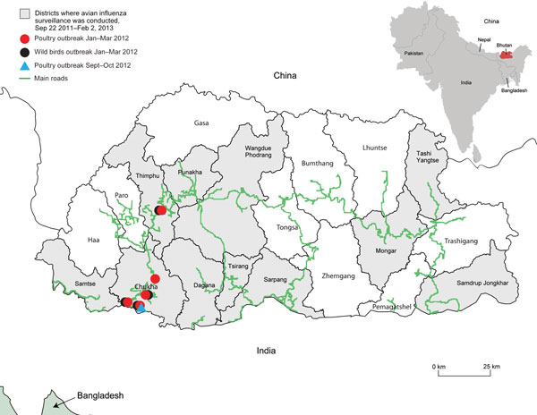 Locations of outbreaks of highly pathogenic avian influenza (H5N1) virus, Bhutan, 2011–2013.