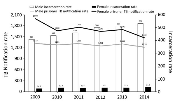 Temporal distribution of incarceration rates (prisoners/100,000 population) and TB notification rates (cases/100,000 prisoners), by sex, Brazil, 2009–2014. There was an appreciable increase in incarceration rates among men (30.2%) and women (50.0%) from 2009 to 2014. Although the incarceration rate of men averaged &gt;15 times that of women, the average TB notification rate for women was higher (1,703 vs. 1,281/100,000 prisoners). TB, tuberculosis