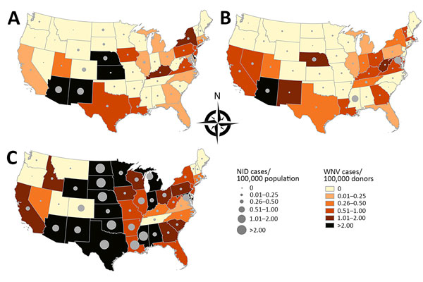 Incidence of West Nile virus (WNV) infection cases and neuroinvasive disease (NID) cases by state, United States, 2010–2012. Dots indicate attack rates for NID cases reported to the Centers for Disease Control and Prevention in 2010 (A), 2011 (B), and 2012 (C).