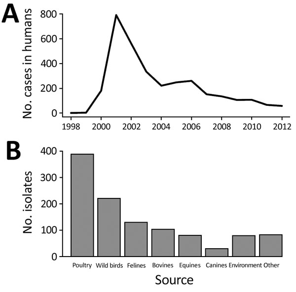 Number of Salmonella enterica serovar Typhimurium DT160 cases and isolates reported during an outbreak in New Zealand, 1998–2012. A) Cases in humans (8,9). B) Isolates from nonhuman sources (8,10).