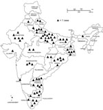 Thumbnail of States of birth for 73 varicella case-patients at a private university in Chennai, India, February 2016–January 2017. Each triangle indicates 1 case. Incidence of varicella (per 1,000 students) by state of birth: Odisha, 16.0; Uttar Pradesh, 9.8; Andhra Pradesh, 2.1; Tamil Nadu, 1.8; other, 3.3. 