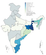 Thumbnail of Distribution of patients with melioidosis, by state, India, 2008–2014.