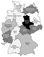 Thumbnail of Regional distribution of norovirus hospitalizations among all age groups, by federal state, Germany, 2010. Number in parentheses indicate no. cases/10,000 population. Map template obtained from http://www.presentationmagazine.com/editable-maps/page/3.
