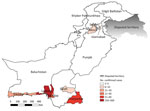 Thumbnail of Geographic distribution of chikungunya-positive cases in Pakistan, December 20, 2016–May 31, 2017. AJK, Azad Jammu and Kashmir; FATA, Federally Administered Tribal Areas.
