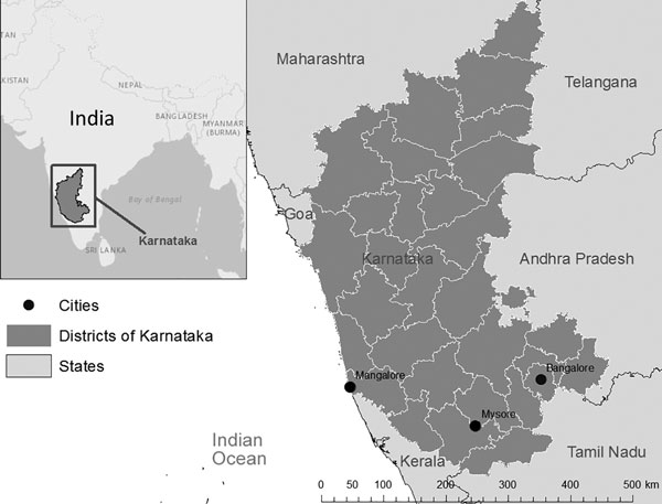 Locations of the 3 drug-resistant TB treatment centers in the state of Karnataka, India.