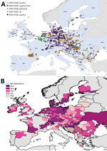 Thumbnail of Geographic and temporal spread of the 2016–17 HPAI H5N8 epizootic. A) Location of each incident reported. Blue shading indicates countries where cases were reported. B) Month of first report of an HPAI H5N8 incident. Years given are epidemiologic years (October through September of the next year). HPAI, highly pathogenic avian influenza.