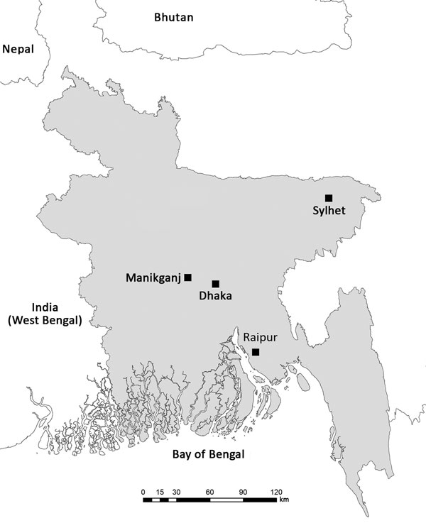 Sampling sites (Raipur, Manikganj, and Sylhet) for bat reservoirs of Nipah virus and location of the capital, Dhaka, in Bangladesh.  Map was generated by using ArcGIS version 10.4.1 software (https://desktop.arcgis.com/en/quick-start-guides/10.4/arcgis-desktop-quick-start-guide.htm).