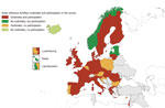 Thumbnail of Reported highly pathogenic avian influenza outbreaks and participation in the European Centre for Disease Prevention and Control survey, by country, European Union/European Economic Area and Israel, 2016–17.