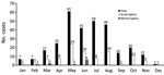 Thumbnail of Frequency of all enrolled patients and those with confirmed scrub typhus or murine typhus in National Hospital for Tropical Diseases and Bach Mai Hospital, by month, Vietnam, March 2015–March 2017.