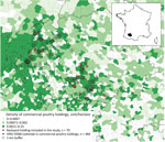 Thumbnail of Locations of 484 commercial poultry holdings with reported outbreaks of HPAI H5N8 and the 70 backyard poultry holdings included in our study, Gers Department, Department, France, 2016–2017. HPAI H5N8, highly pathogenic avian influenza A virus subtype H5N8.